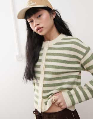 Miss Selfridge Knit Green Stripe Cardigan-multi