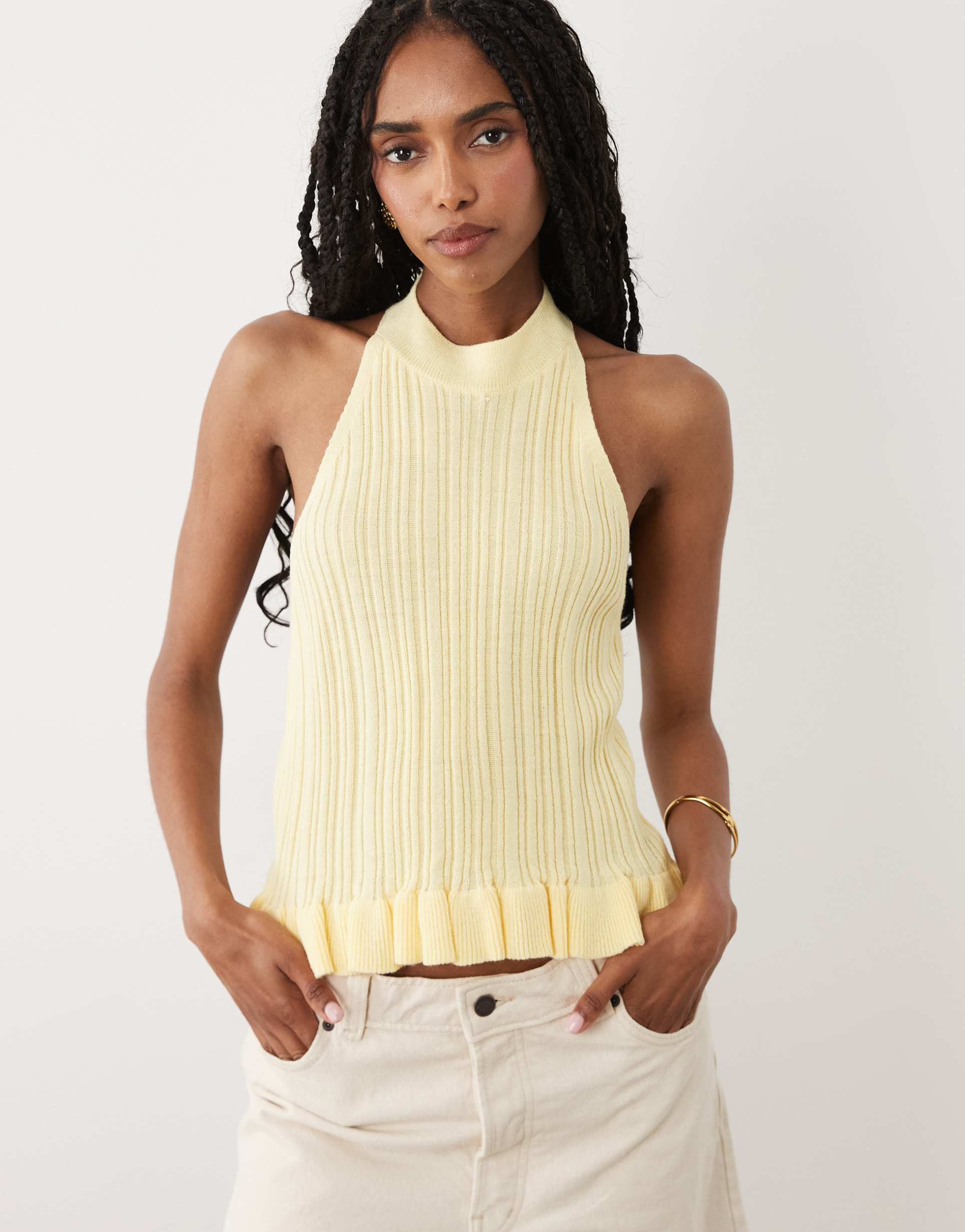 miss selfridge knit halterneck top with peplum hem in butter yellow