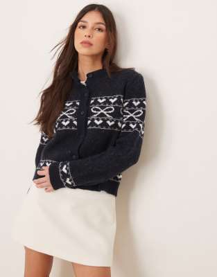 Miss Selfridge Knit Jacquard Bow Pattern Cardigan In Navy-multi