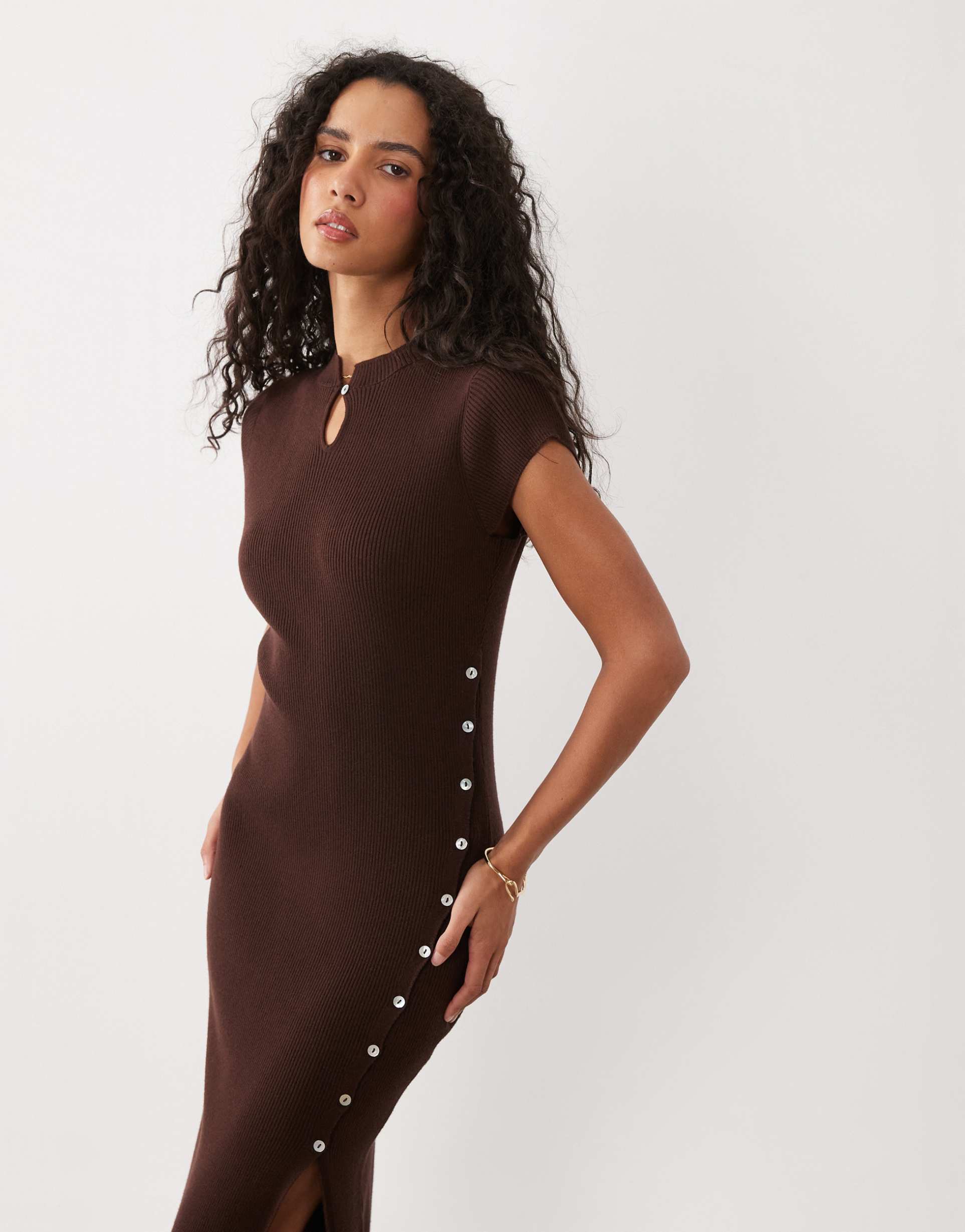 miss selfridge knit mandari collar midi dress with tie side detail in chocolate