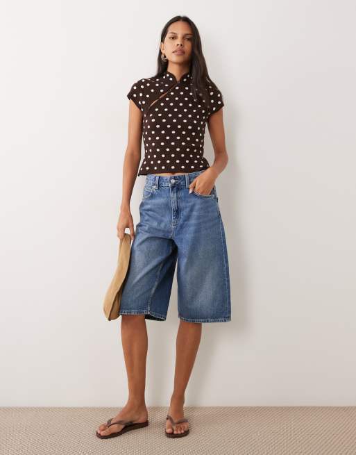 Miss Selfridge knit mandarin collar top in choc polka dot print, 2 of 4
