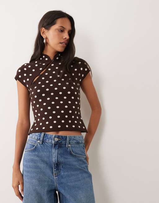 Miss Selfridge knit mandarin collar top in choc polka dot print, 4 of 4