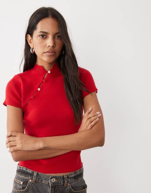 Miss Selfridge knit mandarin collar top in red, 3 of 4