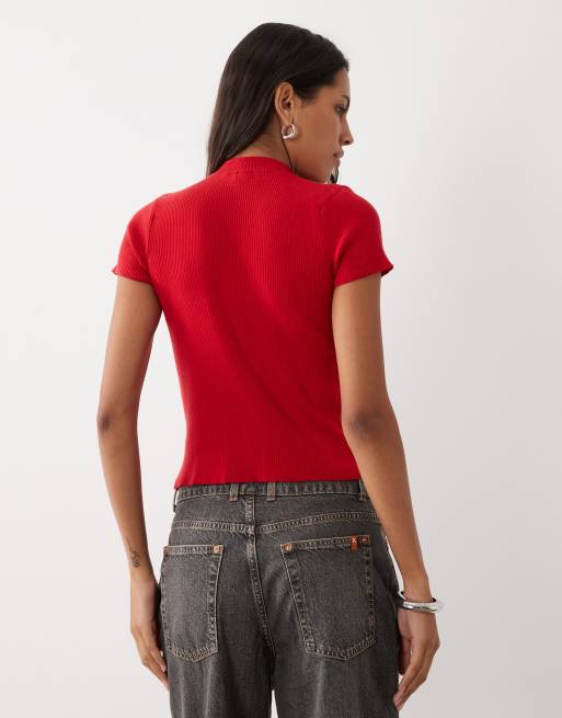 Miss Selfridge knit mandarin collar top in red, 4 of 4