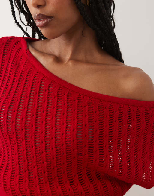 Miss Selfridge knit off the shoulder top in red, 4 of 4
