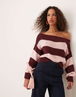 Miss Selfridge Knit Pink And Burgundy Stripe Off The Shoulder Sweater-red