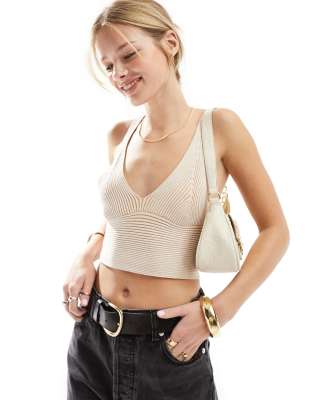 Miss Selfridge knit plated rib halterneck crop top in taupe