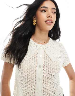 Miss Selfridge Knit Pointelle Button Up Top