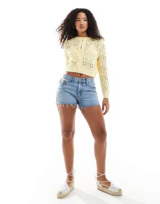 Shop Miss Selfridge Knit Pointelle Cardigan In Yellow
