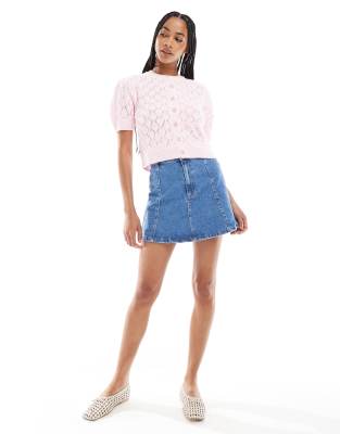 Miss Selfridge Knit Pointelle Puff Sleeve Button Up Top In Pink