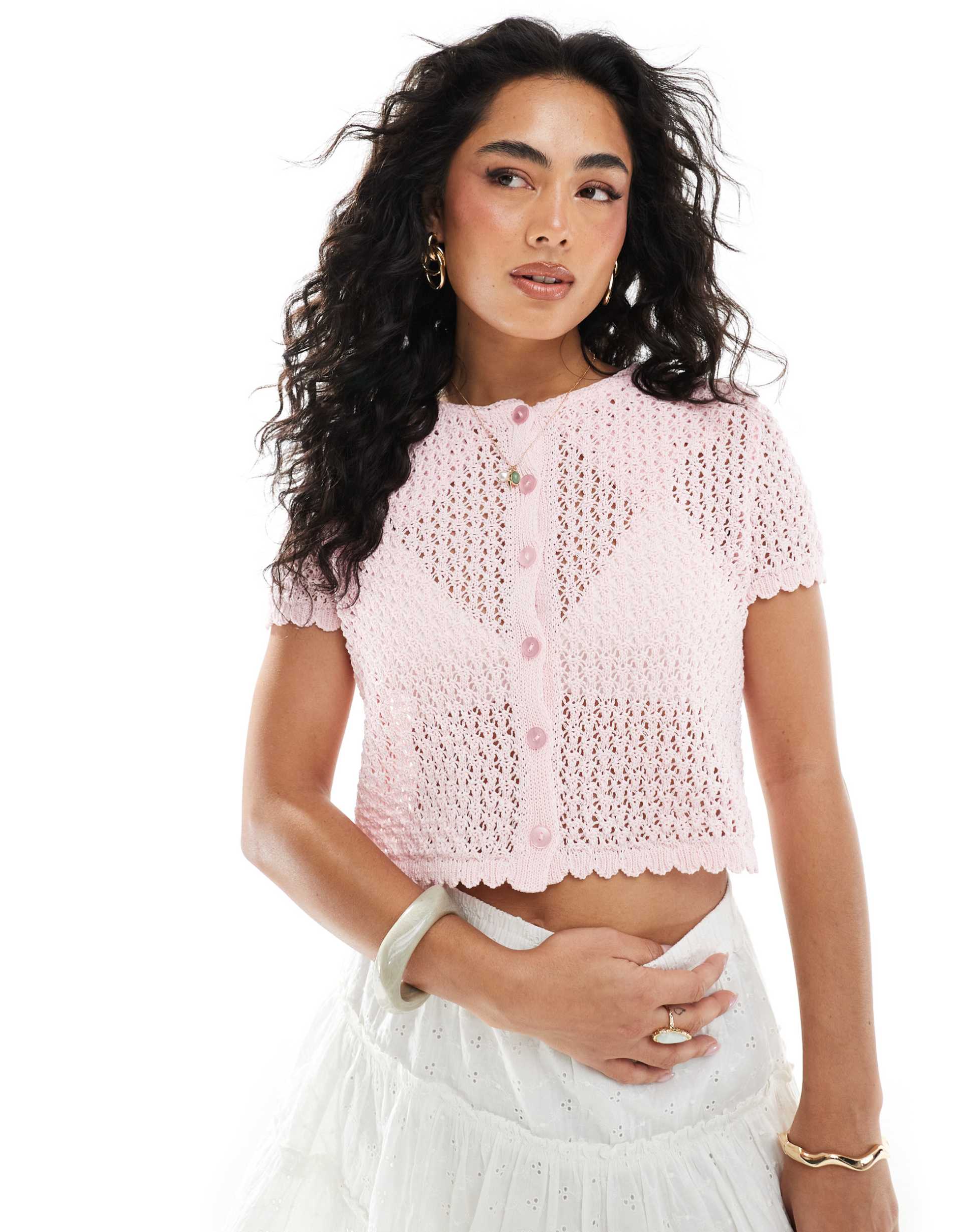 miss selfridge knit pointelle short sleeve cardigan in pink