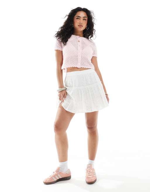 Miss Selfridge knit pointelle short sleeve cardigan in pink, 2 of 4