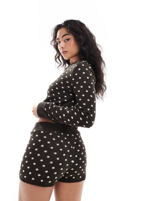 Miss Selfridge knit polka dot booty shorts in brown - part of a set, 2 of 5