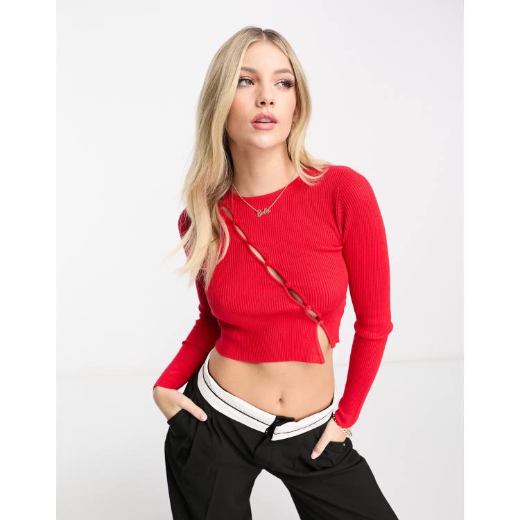 Diagonal Lace-Up Long Sleeve Top Red