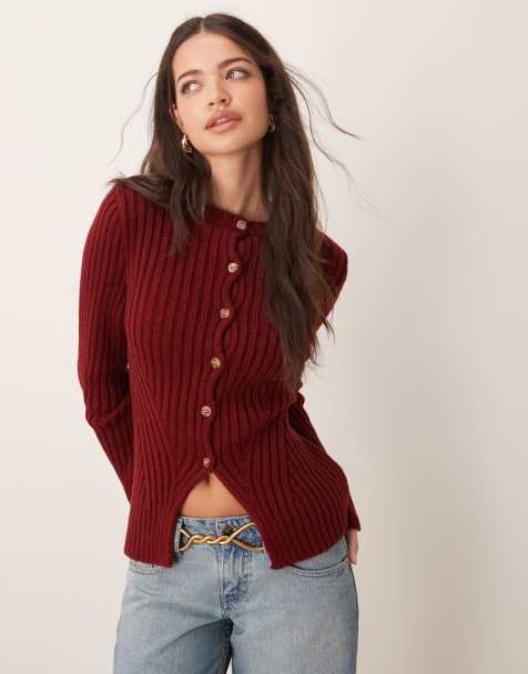 Miss Selfridge knit rib cardigan in burgundy - view 1