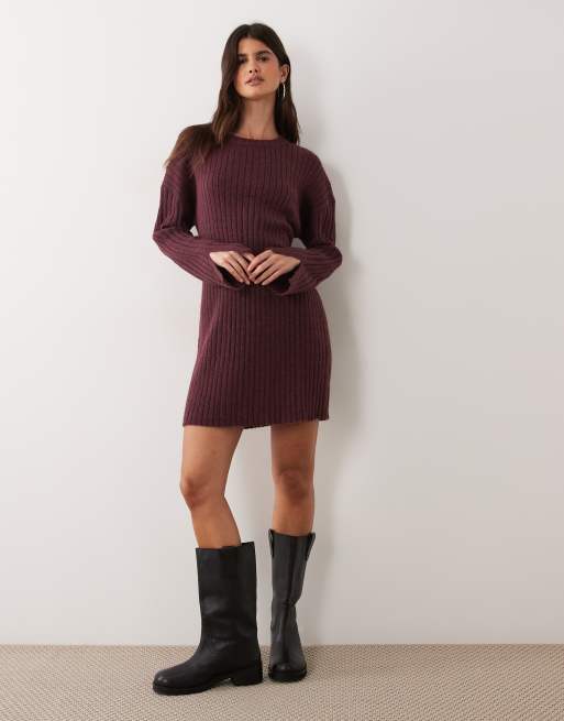 Miss Selfridge knit rib cosy mini dress in plum, 2 of 4