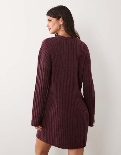 Miss Selfridge knit rib cosy mini dress in plum, 4 of 4