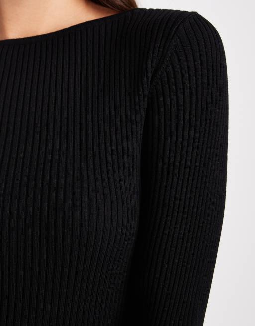 Miss Selfridge knit rib slash neck long sleeve top in black