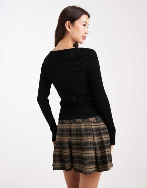 Miss Selfridge knit rib slash neck long sleeve top in black