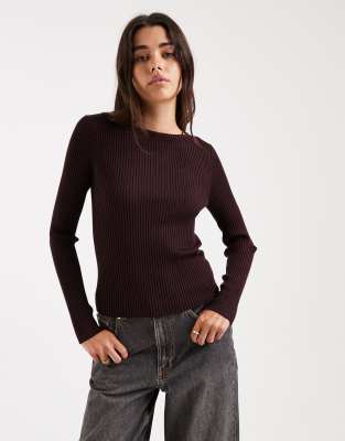 Miss Selfridge Miss Selfridge knit rib slash neck long sleeve top in chocolate-Brown
