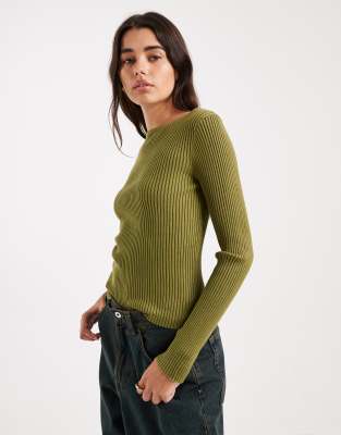 Miss Selfridge Miss Selfridge knit rib slash neck long sleeve top in olive-Green