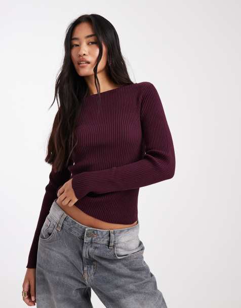 Miss Selfridge knit rib slash neck long sleeve top in plum - view 1
