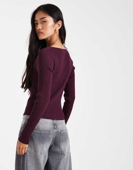 Miss Selfridge rib knit slash neck long sleeve top in plum