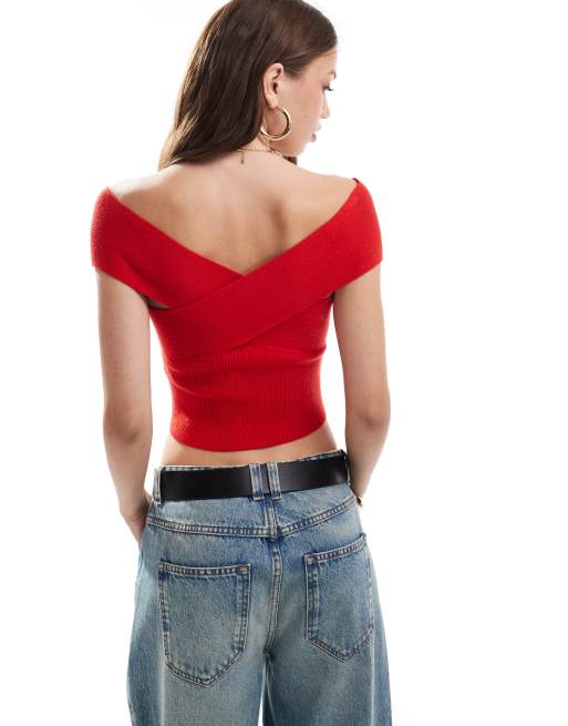 Miss Selfridge knit rib twist front short sleeve bardot top in red, 2 of 4