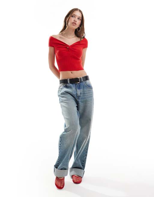 Miss Selfridge knit rib twist front short sleeve bardot top in red, 3 of 4