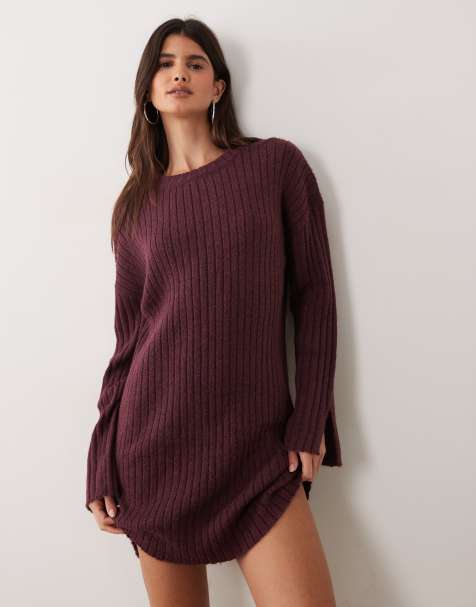 Miss Selfridge knit ribbed cozy mini dress in plum - view 1