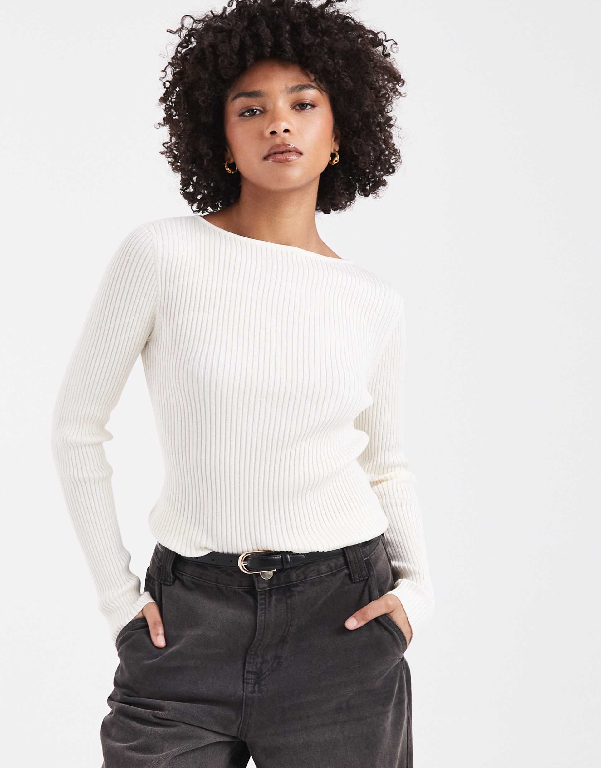 miss selfridge knit ribbed slash neck long sleeve top in cream