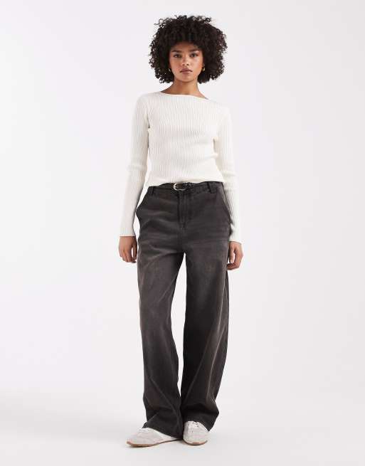Miss Selfridge knit ribbed slash neck long sleeve top in cream, 3 of 4