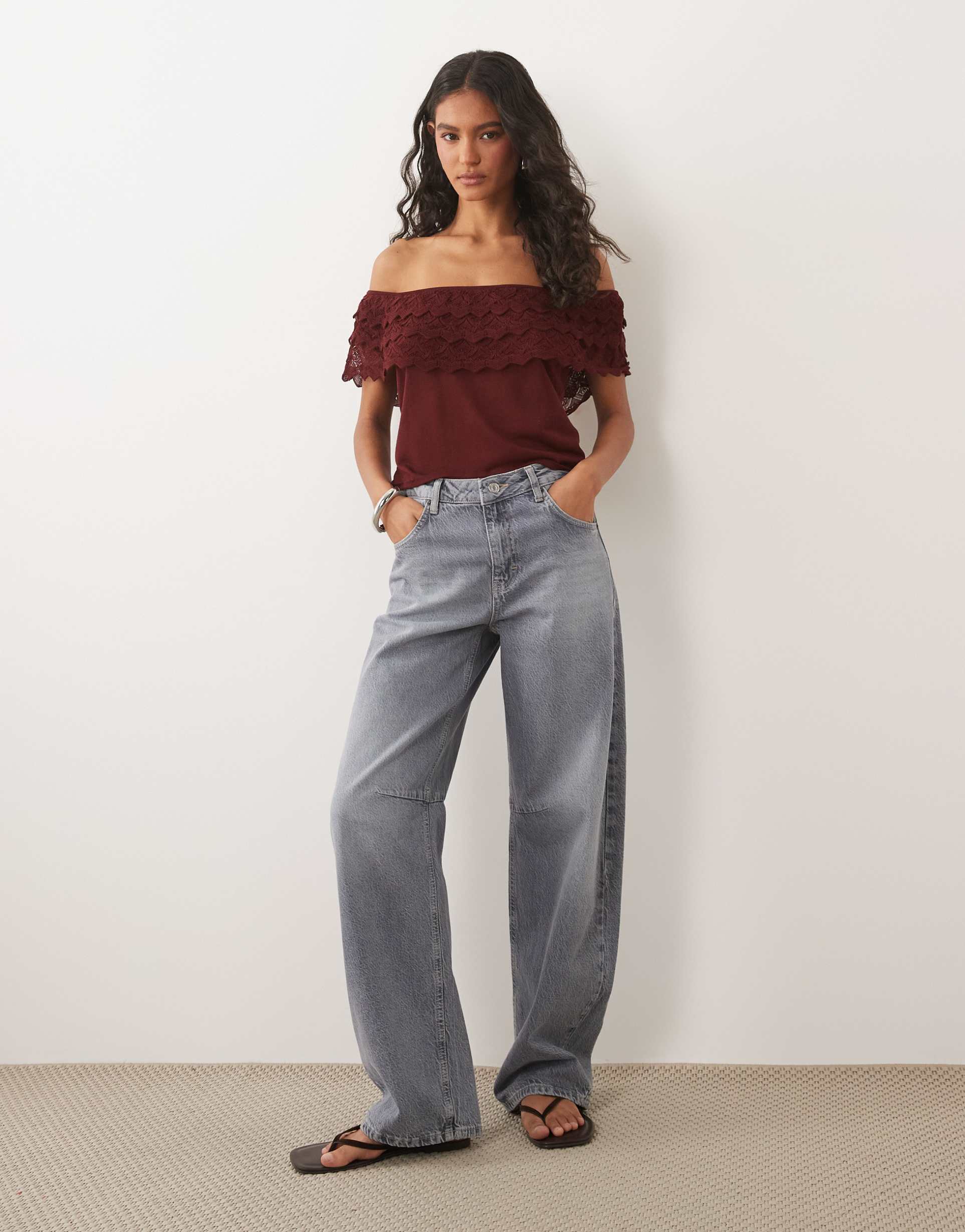 miss selfridge knit ruffle bardot top in burgundy