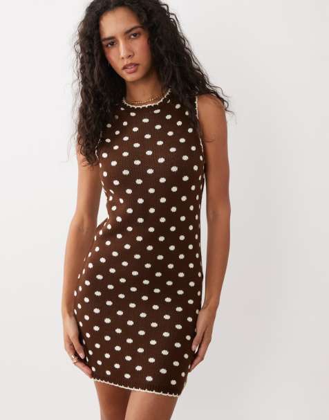 Miss Selfridge knit shift mini dress in choc polka dot print - view 1