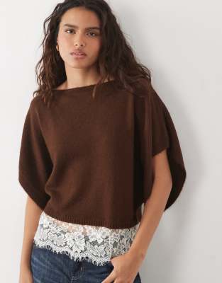 Miss Selfridge Knit Slash Neck Top With Lace Hem In Brown
