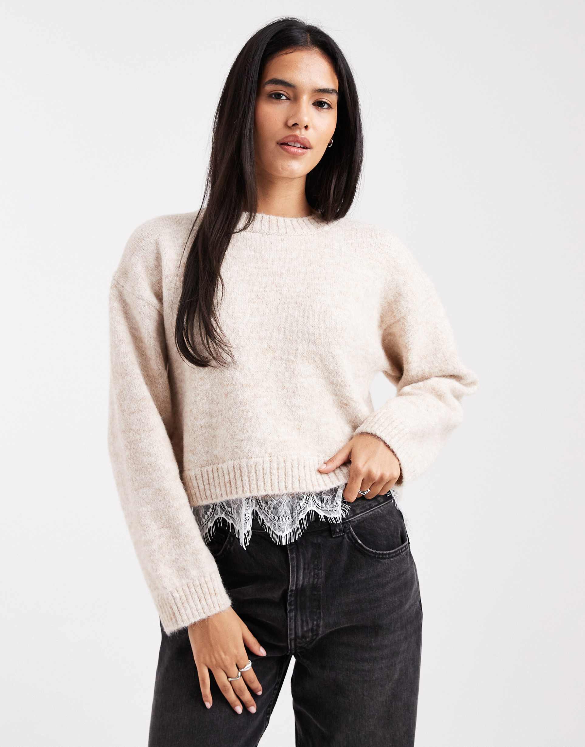miss selfridge knit sweater with lace hem in beige