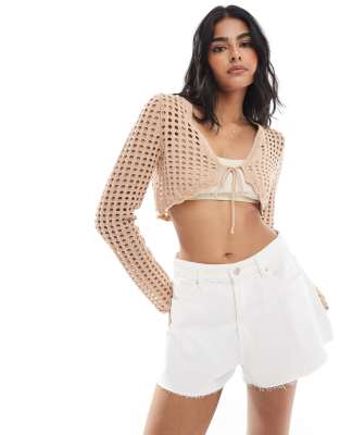 knit tie front cropped cardigan-White