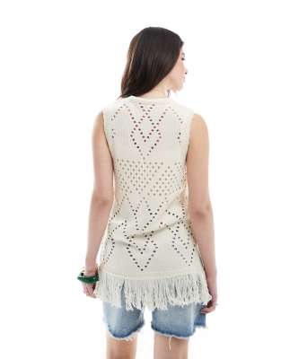 Shop Miss Selfridge Knit Tie Front Fringed Vest In White