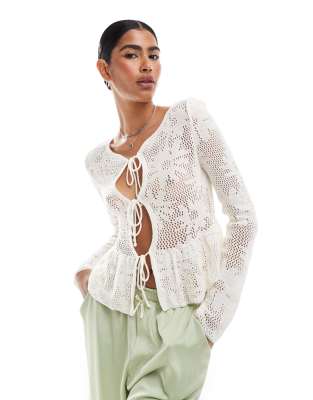 Miss Selfridge Knit Tie Front Peplum Top In Cream-white