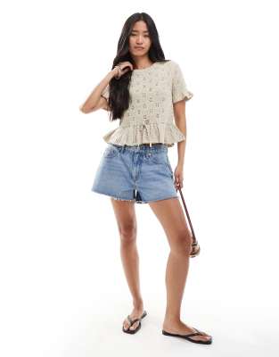 Miss Selfridge Knit Tie Waist Peplum Short Sleeve Cardigan In Gray