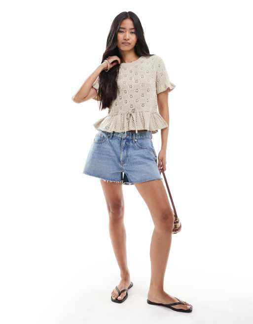 Miss Selfridge knit tie waist peplum short sleeve cardigan in cream