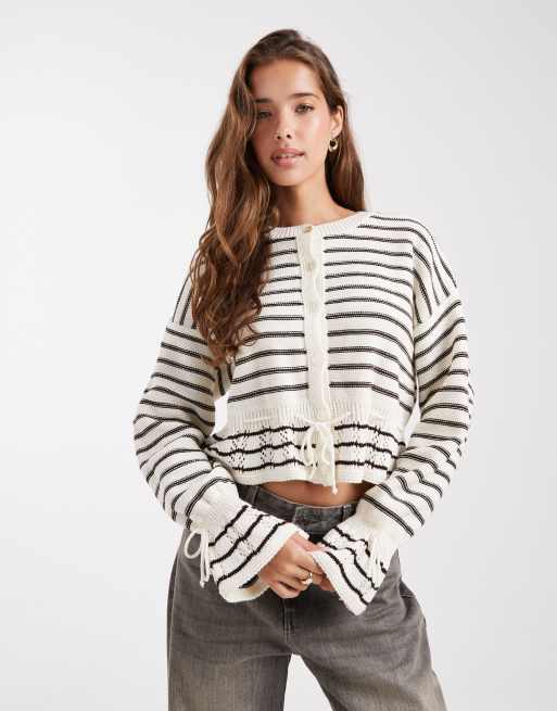 Miss Selfridge knit tie waist striped cardigan in buttermilk