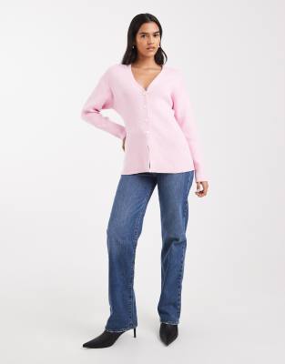 Miss Selfridge Knit Waisted Cardigan In Pink