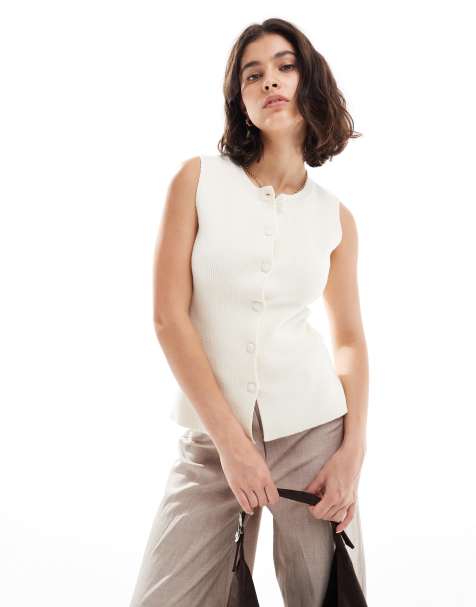 Miss Selfridge knit waisted waistcoat in cream - view 1