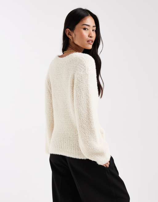 Miss Selfridge knit wrap bow detail sweater in cream, 3 of 4