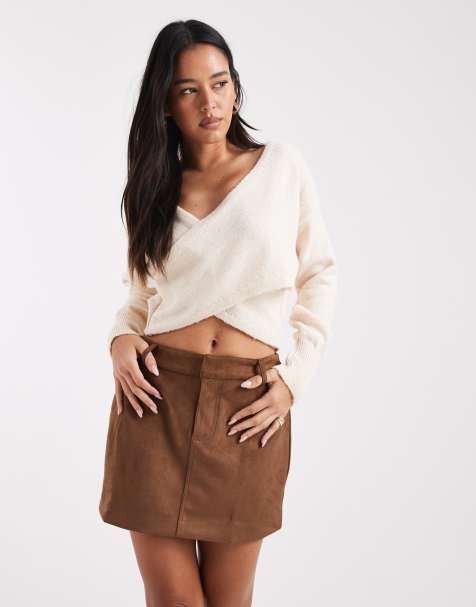 Miss Selfridge knit wrap top in cream - view 1