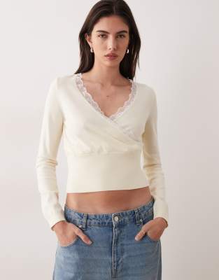 Miss Selfridge Knit Wrap Top With Lace Trim Detail-white