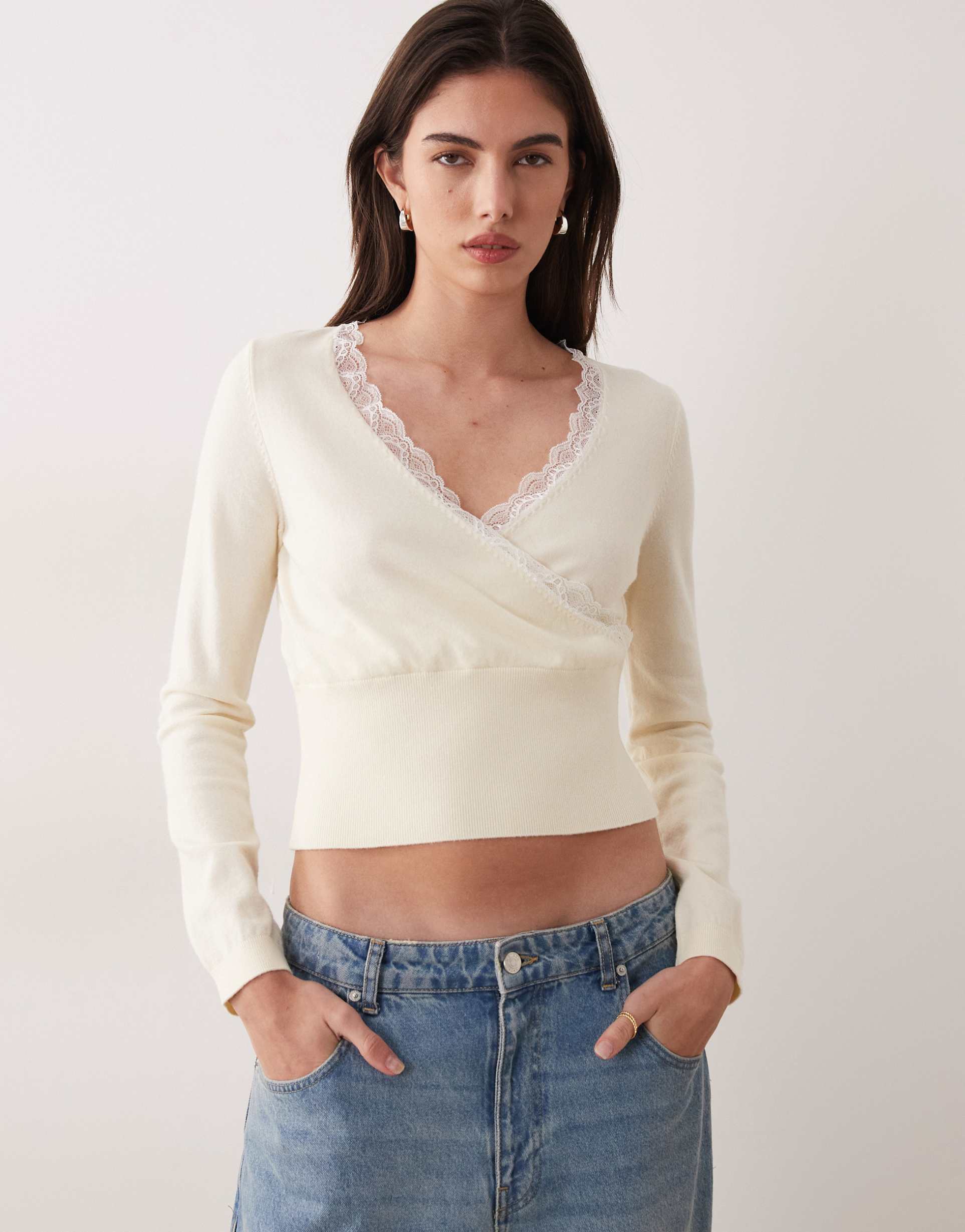 miss selfridge knit wrap top with lace trim detail