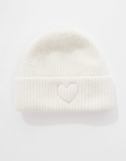 Miss Selfridge knitted beanie hat with heart embroidery in cream, 3 of 3