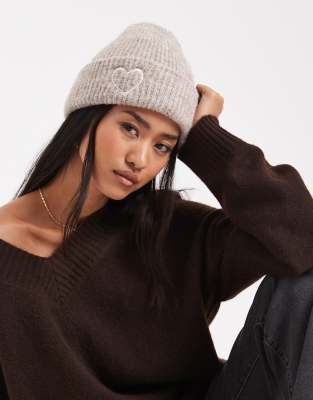 Miss Selfridge Miss Selfridge knitted beanie hat with heart embroidery in oatmeal-Brown
